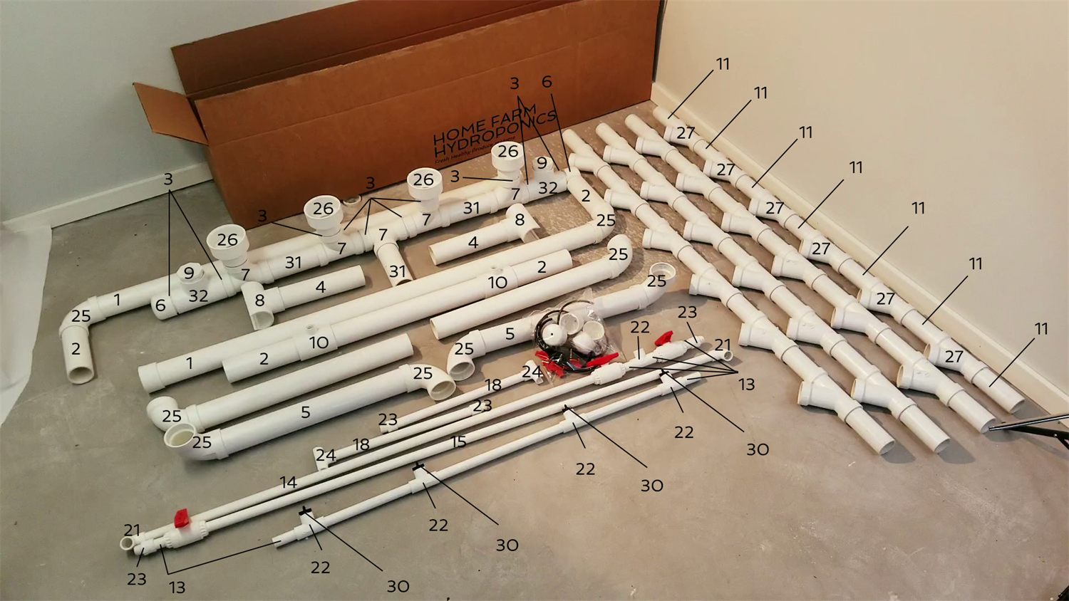 Labeled parts of the hydroponic tower system